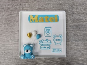Tablou 3D personalizat cu datele nașterii pentru băiețel, în nuanțe de albastru, o amintire de neprețuit.