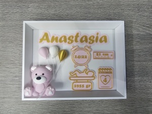 Amintire unică de la naștere cu ursuleț și baloane, tablou roz printat 3D, perfect pentru camera fetiței tale.