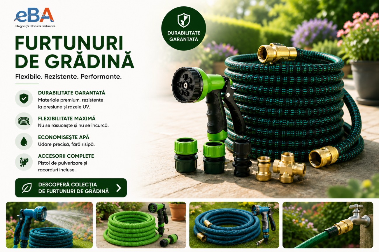 Furtunuri de gradina eBA extensibile si rezistente, cu pistol pulverizare si accesorii complete pentru udare, irigare si curatare curte gradina
