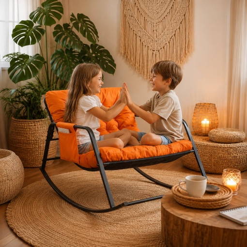 Balansoar Gradina Premium cu Perna Groasa Confortabila, Scaun Balansoar Relaxare pentru Terasa, Living si Balcon, Cadru Metalic Rezistent, Ergonomic, Portocaliu/Negru, 105 x 86 x 59 cm - Img 6