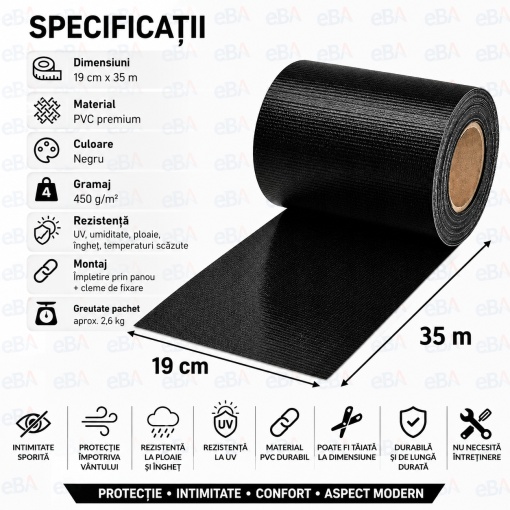 Bandă Gard PVC Premium 19 cm x 35 m, 450 g/m², Neagră, Protecție Intimitate, Rezistentă UV și Intemperii, pentru Garduri Panou, Balcoane și Terase, 20 Cleme Incluse - Img 3