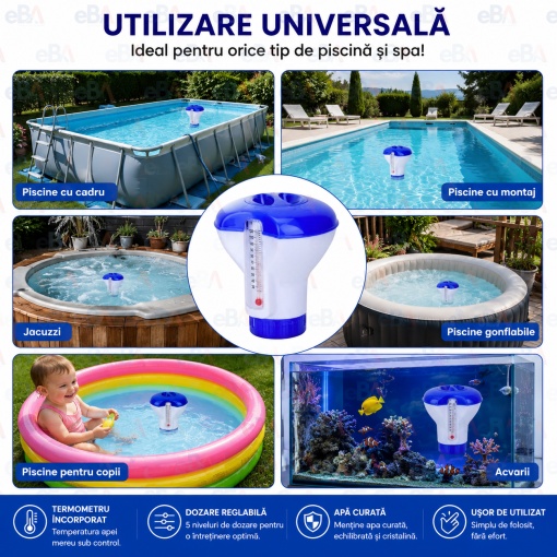Dispenser Tablete Clor pentru Piscina cu Termometru Integrat 2 in 1, Dozator Plutitor Reglabil 5 Trepte, pentru Tablete 20 g, Piscina, Jacuzzi si SPA - Img 5