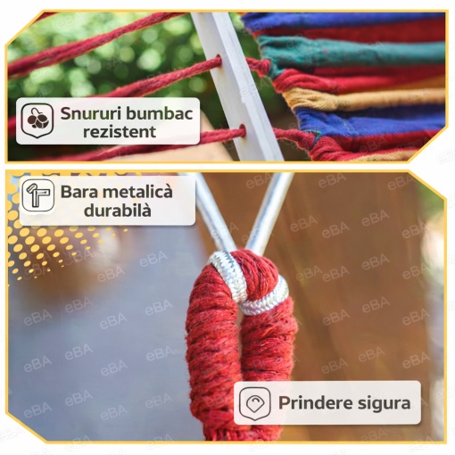 Hamac De Gradina 2 Persoane, eBA®, XXL 250x150 Cm, 200 Kg, Bare Lemn, Material Rezistent, Cu Husa, Usor De Montat, Ideal Pentru Curte, Camping, Balcon, Interior Si Exterior, Multicolor - Img 4