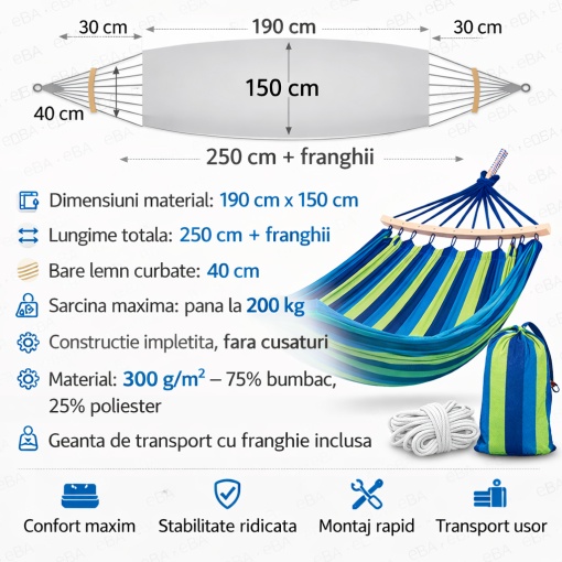 Hamac gradina dublu XXL 250x150 cm cu bara din lemn, bumbac ranforsat, capacitate 200 kg, hamac pentru terasa, balcon, camping si relaxare exterior - Img 5