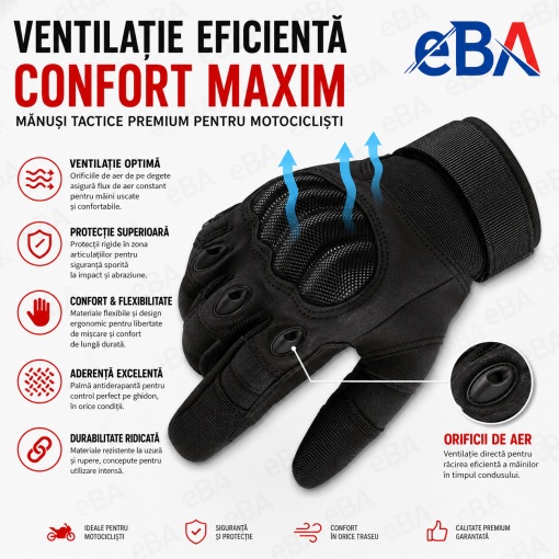 Manusi tactice moto si ATV eBA, marimea L, protectii fibra carbon, touchscreen, antiderapante, pentru motocicleta, bicicleta, enduro, airsoft si outdoor, negre - Img 7
