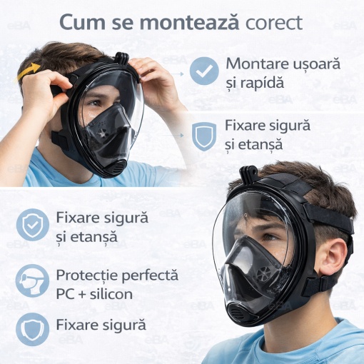 Masca snorkeling full face copii si adolescenti, vizor 180°, anti aburire, snorkel DryTop, respiratie nas si gura, masca scufundari snorkeling cu husa transport - Img 6