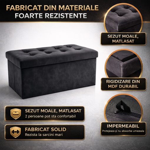 Puf Multifunctional cu Depozitare 110L, Pliabil, Impermeabil, Dimensiune XXL, Sezut Matlasat, Gri, 76x38x38 cm - Img 5