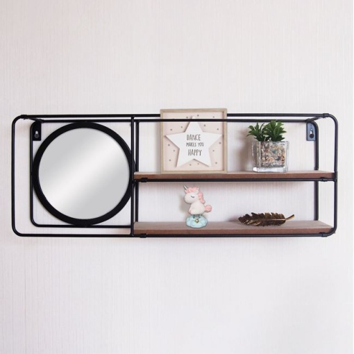 Raft de perete decorativ cu oglinda EBA, din metal si lemn, dimensiuni 50 x 10 x 19 cm, accesorii de montaj incluse - Img 3