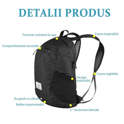 Rucsac pliabil drumetii EBA, rezistent la ploaie si usor, bretele reglabile, capacitate mare 20L, Negru - Img 4