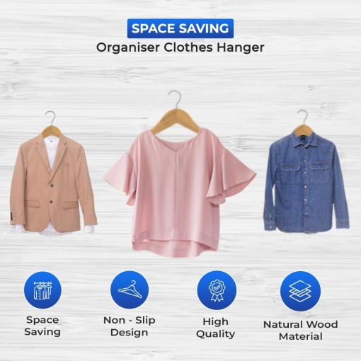 Set 10 Umerase din Lemn, EBA, Carlig rotativ 360 grad, Bara pentru pantaloni, Antiderapant, Lemn, Natur - Img 2
