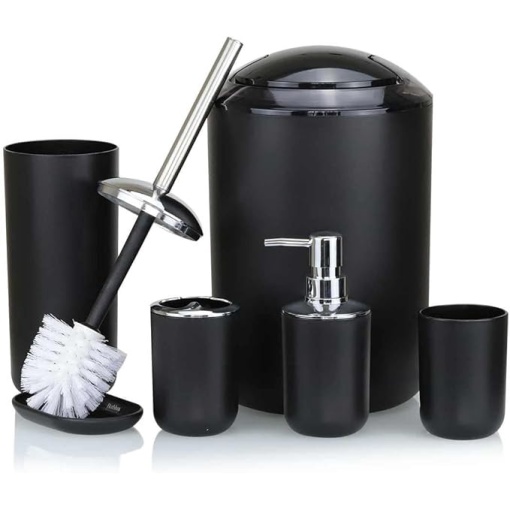 Set Accesorii Baie Premium EBA, 6 Piese, Cos Gunoi, Dozator Sapun Lichid, Pahar Periuta, Savoniera, Perie WC, Pahar, Negru - Img 3