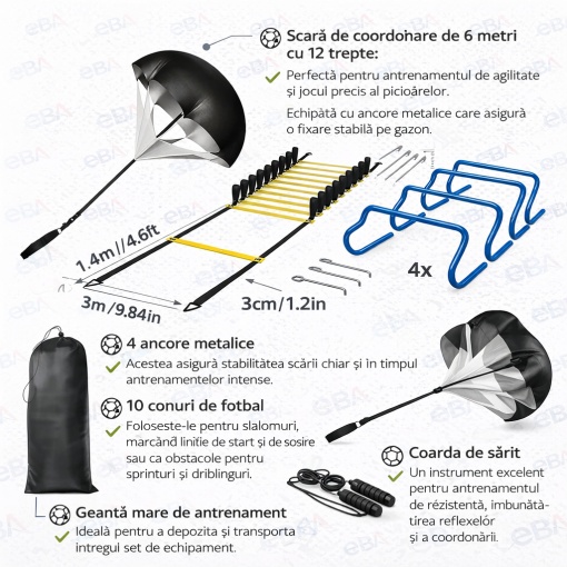 Set antrenament fotbal profesional 20 piese – Scara agilitate 6 m, conuri antrenament, obstacole sarit, parasuta viteza, coarda sarit, kit antrenament coordonare si viteza - Img 7