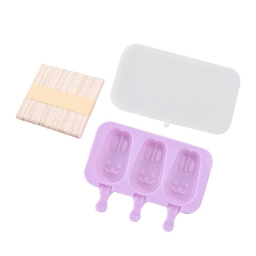 Set forma inghetata si 50 bete EBA, 3 compartimente, Model Iepuras, Forma ovala, Silicon, Mov - Img 2