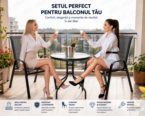 Set Mobilier Gradina si Balcon 2 Scaune + Masa cu Sticla Securizata, Cadru Otel Vopsit Electrostatic, Scaune Suprapozabile, Textilena Premium, Rezistent Exterior, Negru, Terasa Curte Cafenea - Img 6