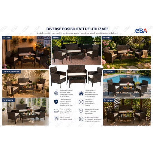 Set Mobilier Terasa si Gradina Technoratan Premium Maro, Canapea 2 Locuri + 2 Fotolii + Masa Cafea cu Sticla Securizata, Mobilier Exterior pentru Balcon Curte si Foisor - Img 6