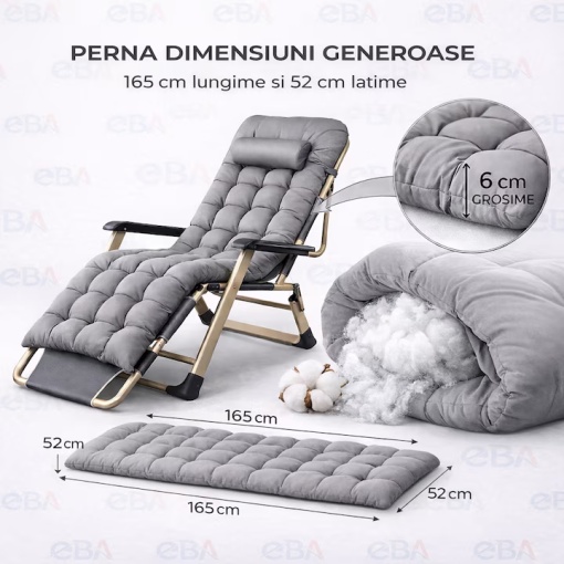 Sezlong pliabil cu perna inclusa, reglabil, gri cu rama aurie, confort maxim, ideal gradina terasa plaja - Img 3