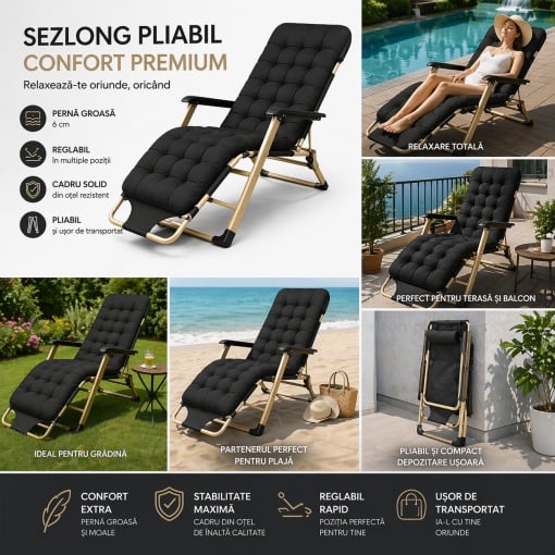 Sezlong pliabil reglabil cu perna groasa 6 cm, cadru otel, confort premium exterior, negru cu rama aurie, terasa, gradina, plaja, camping – EBA - Img 5