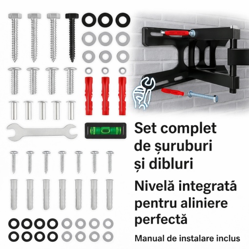 Suport TV Profesional Extensibil 25–70", Otel Ranforsat, 50 kg, VESA 400x400, Rotire 180°, Nivela si Accesorii Incluse - Img 5