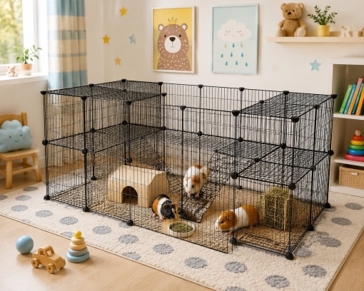 Tarc Modular eBA® PREMIUM pentru Animale Mici 71x143x73 cm, Cusca Metalica Extensibila pentru Iepuri, Cobai, Pisici, Caini si Catei, 36 Panouri, Montaj Rapid, Spatiu de Joaca Interior/Exterior, Negru - Img 4