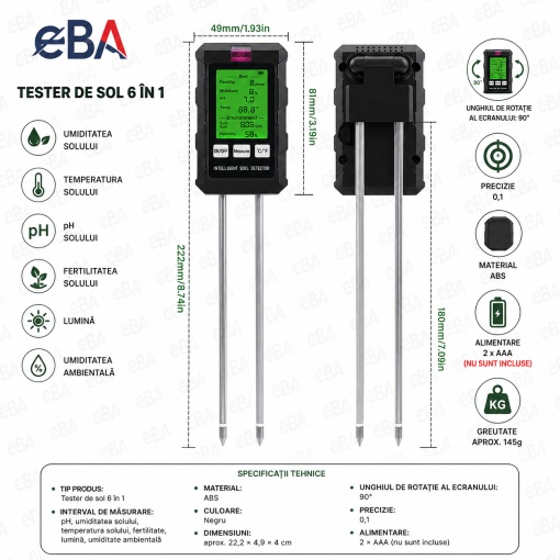 Tester Sol Profesional 6 in 1 Digital, pH Metru, Umiditate, Temperatura, Fertilitate si Lumina, Ecran LCD Rotativ, pentru Plante si Gradina - Img 2