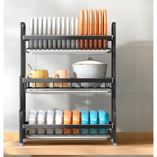 Uscator de vase pliabil EBA XXL, 3 niveluri, Suport compact cu tavi de scurgere, Ideal pentru bucatarie, Negru - Img 2