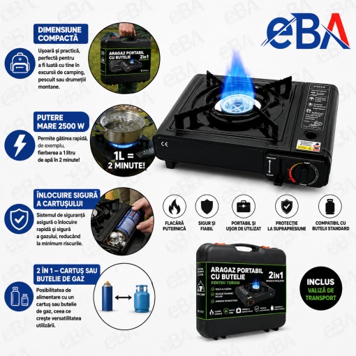Aragaz Portabil Camping 2 in 1, 2500W, Compatibil Cartus si Butelie Gaz, Aprindere Piezoelectrica, Reglaj Flacara, Valiza Transport Inclusa, Aragaz Turistic pentru Camping, Pescuit si Drumetii - Img 2