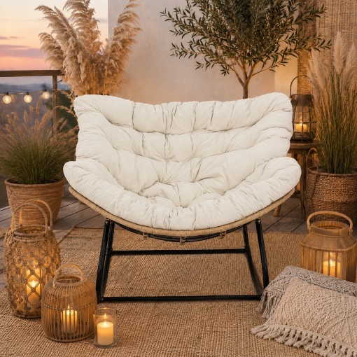 Balansoar de Gradina cu Perna Confortabila, Scaun Balansoar Tip Cuib pentru Relaxare, Terasa, Balcon, Living si Dormitor, Cadru Metalic Stabil, Technoratan Premium, Crem/Negru - Img 7