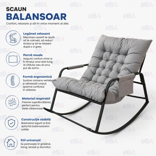 Balansoar Dublu cu Perna pentru Gradina, Terasa si Living, Cadru Metalic Stabil, Design Ergonomic, Confort Premium, 126 x 91 x 69 cm, Gri/Negru - Img 2