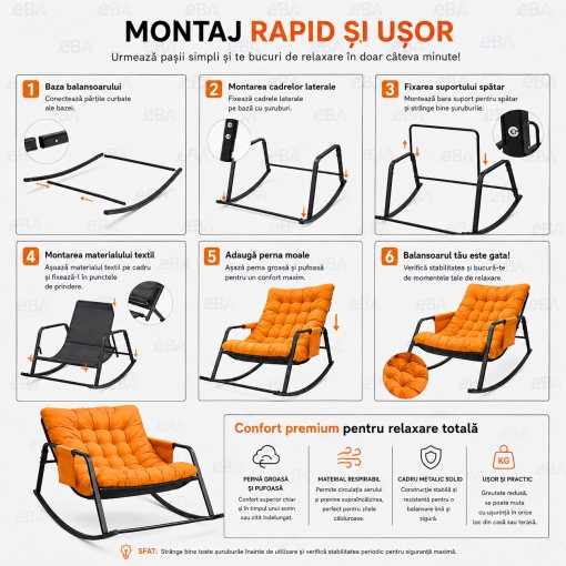 Balansoar Gradina Premium cu Perna Groasa Confortabila, Scaun Balansoar Relaxare pentru Terasa, Living si Balcon, Cadru Metalic Rezistent, Ergonomic, Portocaliu/Negru, 105 x 86 x 59 cm - Img 3