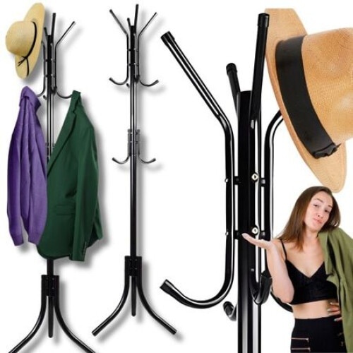 Cuier Tip Pom EBA cu 12 Agatatoare pentru Haine si Imbracaminte, Inaltime 170 cm, Tampoane Antialunecare de Cauciuc, Negru - Img 2