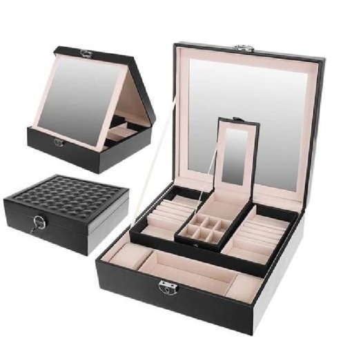 Cutie Depozitare si Organizare Bijuterii si Ceasuri EBA, piele ecologica, oglinda, dimensiuni 25.5 x 25.5 x 30 cm, Negru - Img 3