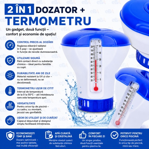 Dispenser Tablete Clor pentru Piscina cu Termometru Integrat 2 in 1, Dozator Plutitor Reglabil 5 Trepte, pentru Tablete 20 g, Piscina, Jacuzzi si SPA - Img 2