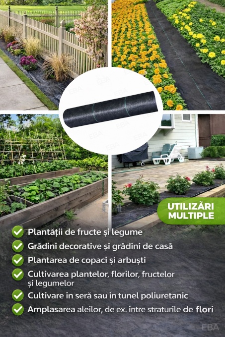 Folie Agrotextil antiburuieni rola 1.1m x 50 m, folie gradina neagra rezistenta UV, 70gmp, usor de montat, ideal pentru legume, flori si solarii+ set 15 ancore fixare 15 cm - Img 3