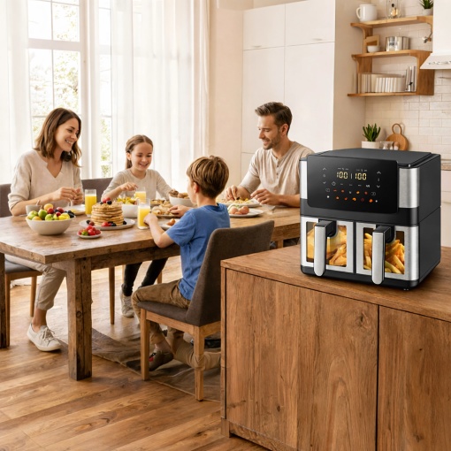 Friteuza cu Aer Cald Dual Zone 8L (2x4L), 2000W, 12 Programe Automate, Panou Tactil LCD, Ferestre Iluminate, Air Fryer Fara Ulei, Functie 6 in 1, Temperatura 80-200°C, Cosuri Antiaderente, Negru/Inox - Img 8