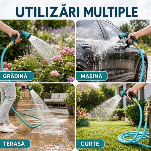 Furtun de gradina extensibil 5-15 m EBA, pistol de stropit cu 8 functii, conectori metalici, latex 3 straturi, anti-rasucire, albastru - Img 4