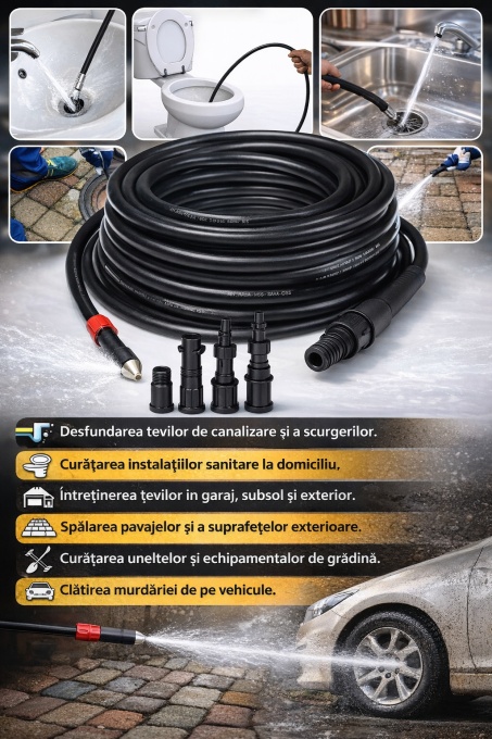 Furtun desfundare canalizare 15m, 160 bar, furtun curatare tevi si scurgeri, compatibil aparat presiune, set adaptoare, desfundare WC chiuveta, jet apa profesional - Img 3