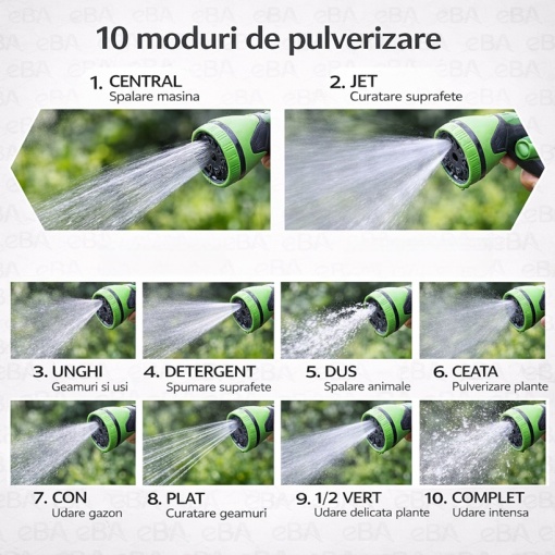 Furtun extensibil gradina EBA 5-15 m, pistol 10 functii, negru + verde, cu conectori alama - Img 3