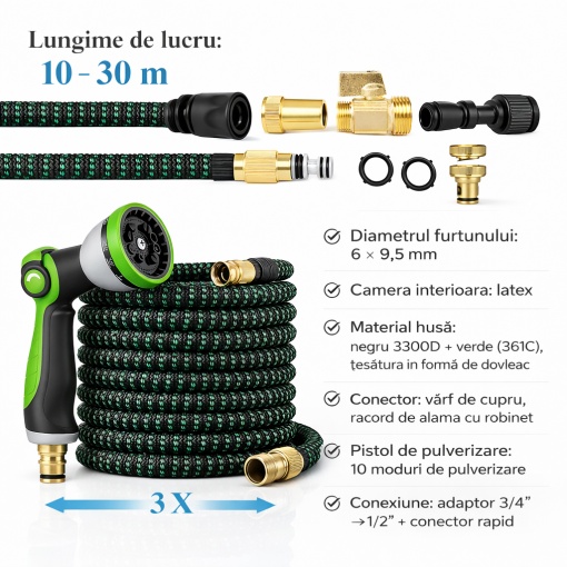 Furtun gradina extensibil 10-30 m cu pistol 10 moduri, furtun latex ranforsat, conectori alama 1/2" 3/4", adaptor robinet - Img 2