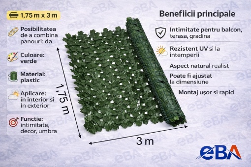 Gard viu artificial iedera EBA, 1.75m x 3m, rezistent UV, verde natural - Img 2