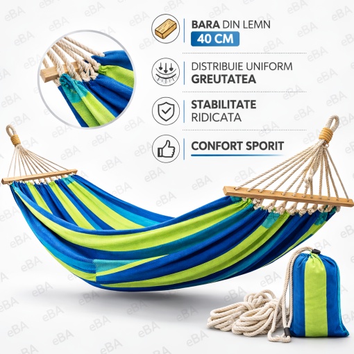Hamac gradina dublu XXL 250x150 cm cu bara din lemn, bumbac ranforsat, capacitate 200 kg, hamac pentru terasa, balcon, camping si relaxare exterior - Img 2