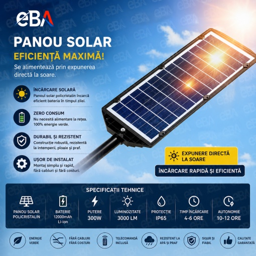 Lampa Solara LED 2000W 53 cm eBA® cu Panou Solar, 600 LED-uri, Telecomanda, Senzor Miscare si Crepuscul, IP65, Iluminat Stradal Exterior, 6500K, pentru Curte, Gradina, Strada, Parcare, Alb Rece - Img 5