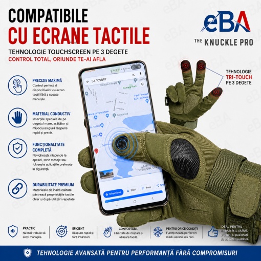 Manusi tactice moto si airsoft eBA XL, verde masliniu, protectii fibra carbon, touchscreen, antiderapante, pentru ATV, bicicleta MTB, enduro, vanatoare, drumetii si outdoor - Img 5