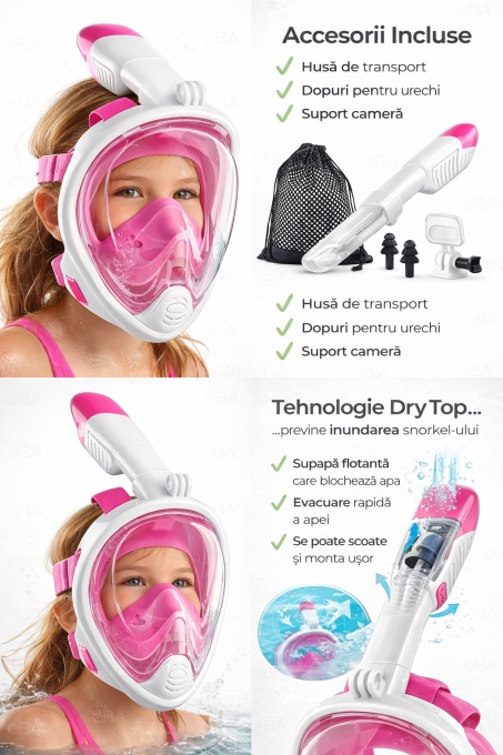 Masca snorkeling copii fata completa S/M, vizor panoramic 180°, sistem DryTop anti-inundare, anti-aburire, snorkel pliabil, pentru piscina si mare, roz alb - Img 5