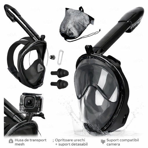 Masca snorkeling full face copii si adolescenti, vizor 180°, anti aburire, snorkel DryTop, respiratie nas si gura, masca scufundari snorkeling cu husa transport - Img 3