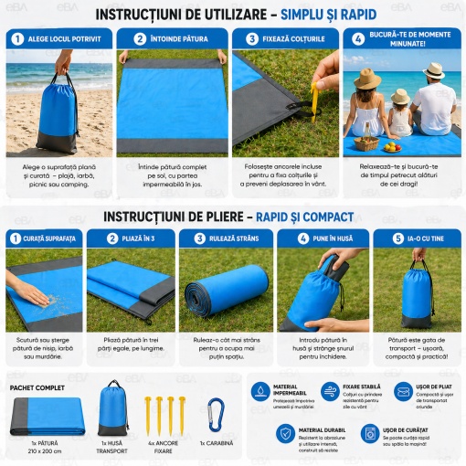 Patura de plaja impermeabila 210x200 cm, mare pentru picnic si camping, rezistenta la apa, nisip si vant, pliabila cu husa transport, covoras outdoor familie 4-6 persoane - Img 2