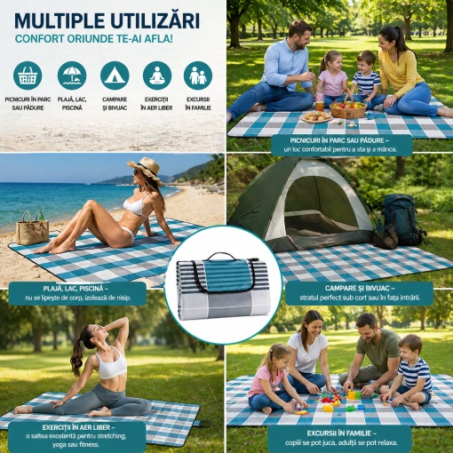Patura picnic impermeabila 200x200 cm pliabila, 3 straturi izolatoare, fleece moale + aluminiu anti umezeala, pentru plaja, camping, gradina - Img 6