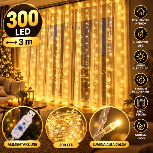 Perdea Luminoasa LED 300 LED-uri, 3 m, 10 Benzi, Lumina Alb Cald, Alimentare USB, Multiple Moduri de Iluminare, Instalatie Decorativa pentru Geam, Perete, Craciun si Petreceri - Img 2