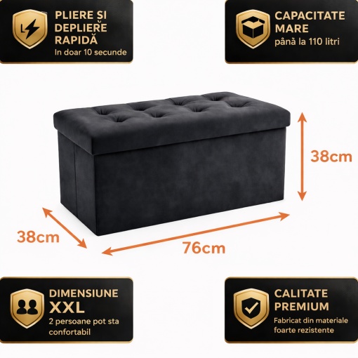 Puf Multifunctional cu Depozitare 110L, Pliabil, Impermeabil, Dimensiune XXL, Sezut Matlasat, Gri, 76x38x38 cm - Img 2
