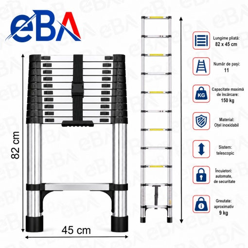 Scara Telescopica Profesionala 3.2 m, 11 Trepte, Inox, 150 kg, Antiderapanta, Pliabila Compact 82 cm, Blocare Automata de Siguranta, pentru Lucrari la Inaltime - Img 2