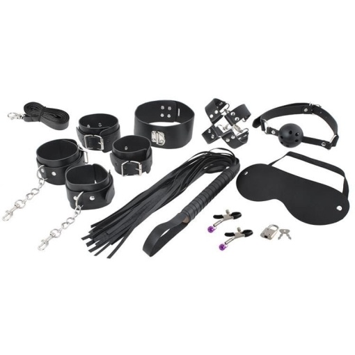 Set 13 jucarii erotice EBA, din piele ecologica si aliaj metalic, pentru activitati fetis si dominare bondage BDSM, Black - Img 4